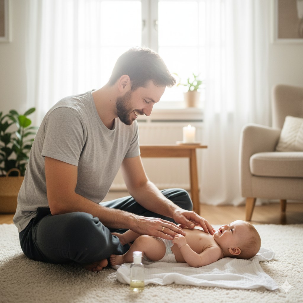 Vater massiert liebevoll sein Baby, Einbindung der Väter in Babymassage Kurs von Nest-Gefühl.