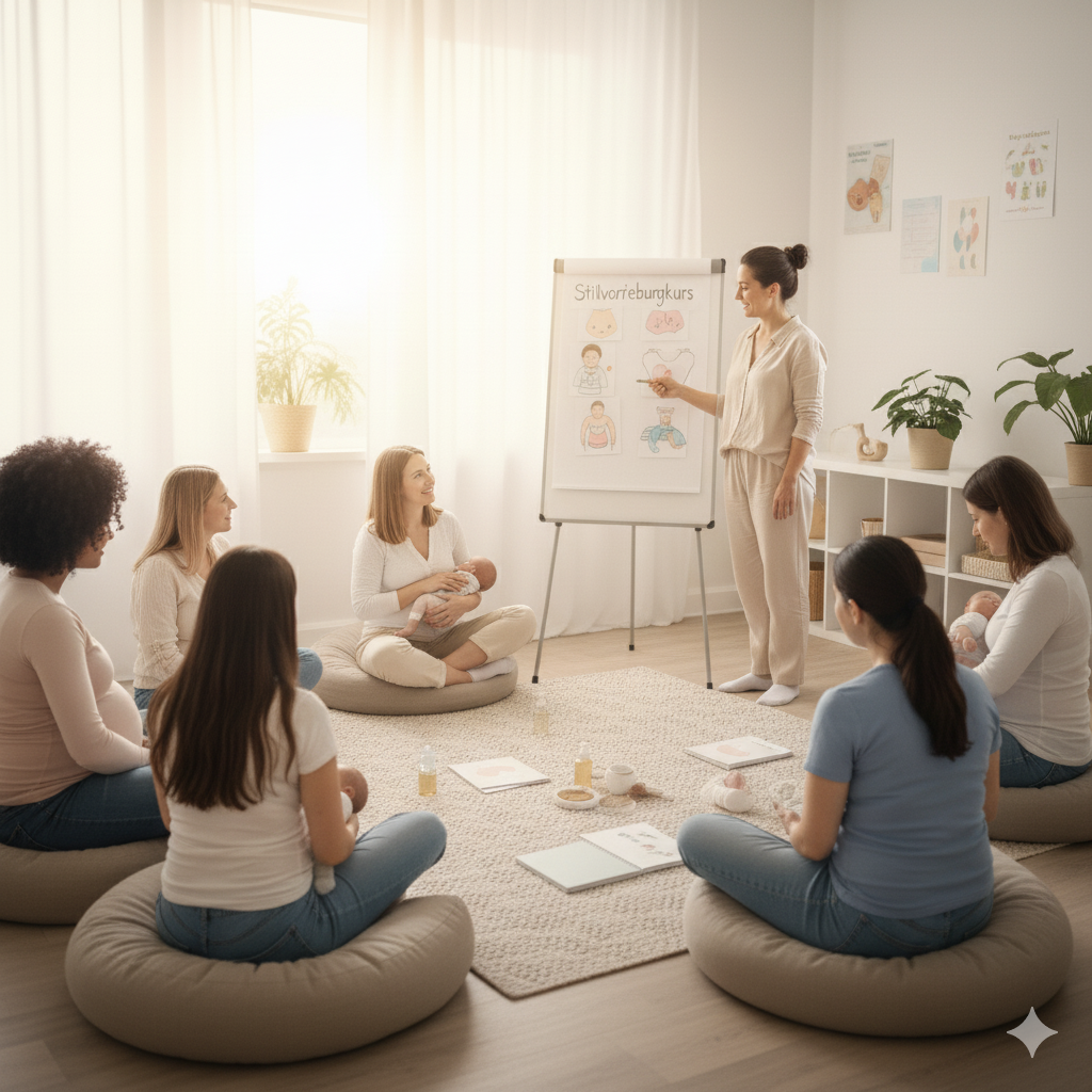 Stillberaterin erklärt Frauen im Gruppenkurs zum Thema Stillen anhand eines Schaubilds, Stillvorbereitung Nest-Gefühl.
