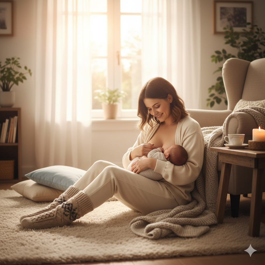 Mutter stillt ihr Baby entspannt auf einem Teppich im Wohnzimmer, Symbol für eine gelungene Stillbeziehung durch Stillberatung von Nest-Gefühl.