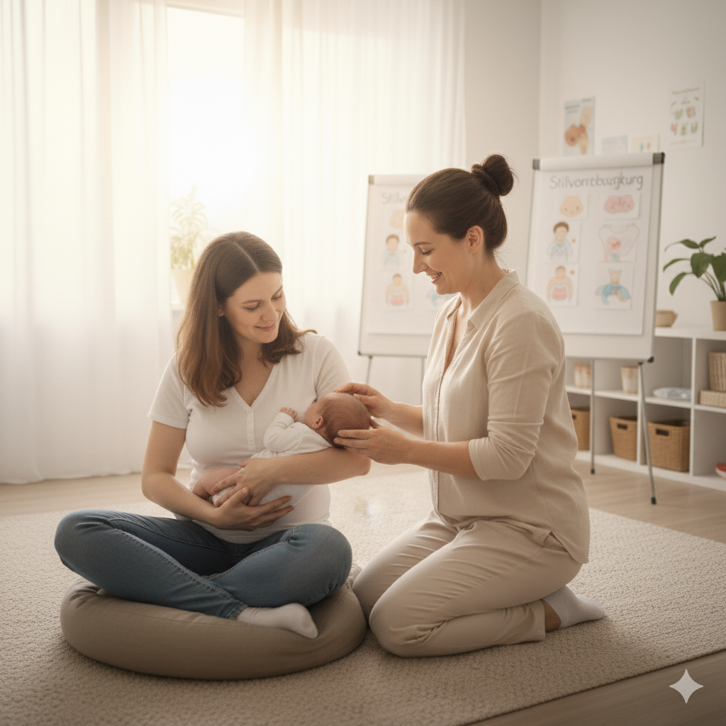 Stillberaterin gibt Mutter Anleitung beim Anlegen oder Halt, individuelle Stillberatung Nest-Gefühl.