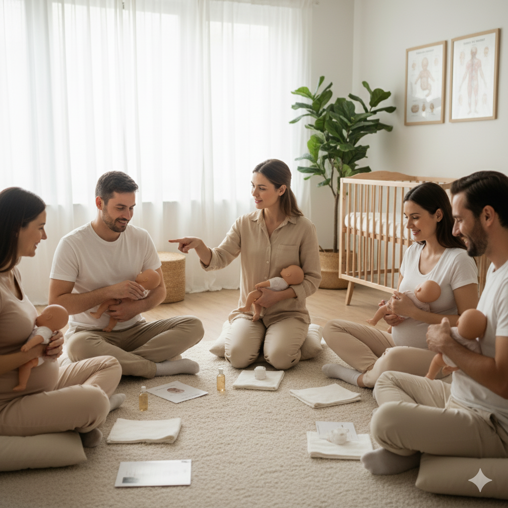 Paare lernen im Babymassage Kurs gemeinsam, ihr Baby zu massieren, Babymassage für Paare Nest-Gefühl.