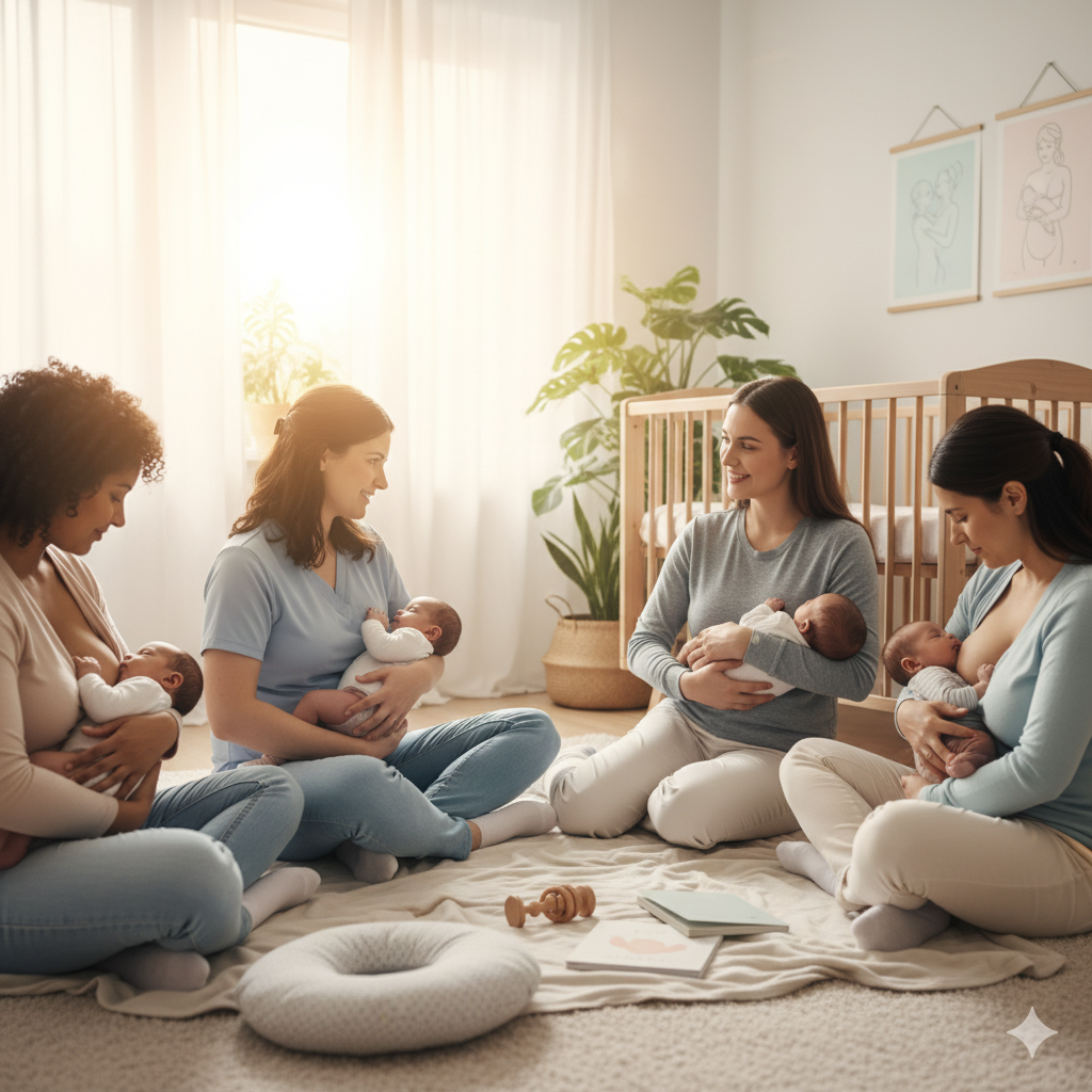 Mütter lernen in einem Babymassage Kurs im Kreis die Griffe für ihre Babys, Gruppenkurs Nest-Gefühl.
