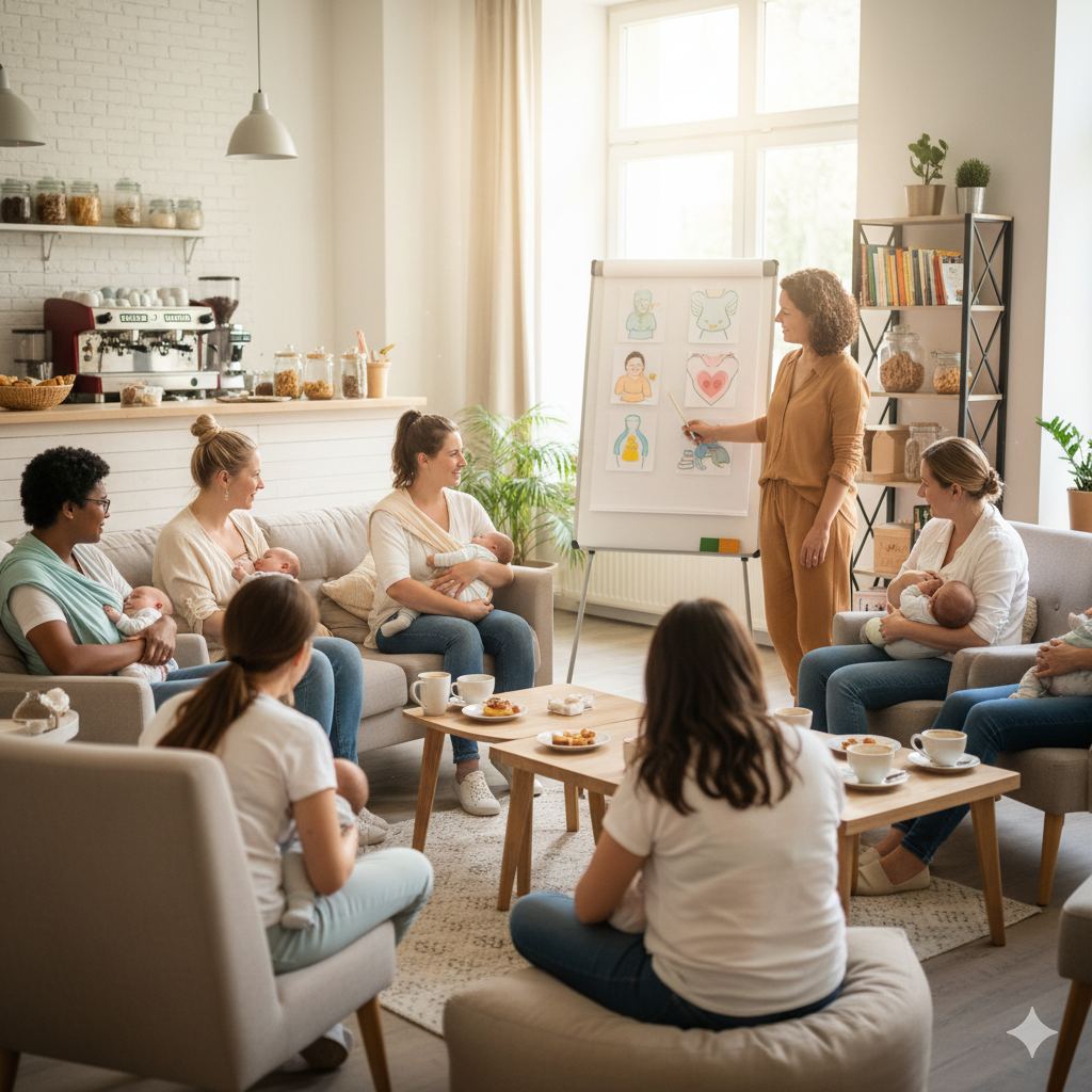 Stillberaterin erklärt Frauen im Gruppenkurs zum Thema Stillen anhand eines Schaubilds, Stillvorbereitung Nest-Gefühl.