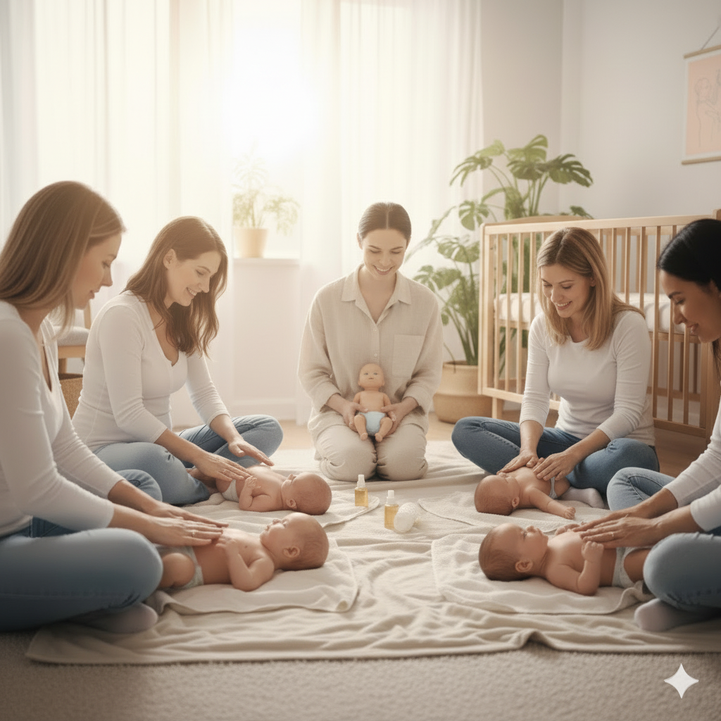Mütter massieren ihre Babys gemeinsam in einem Kreis auf Decken, angeleitet in einem Babymassage Kurs von Nest-Gefühl.