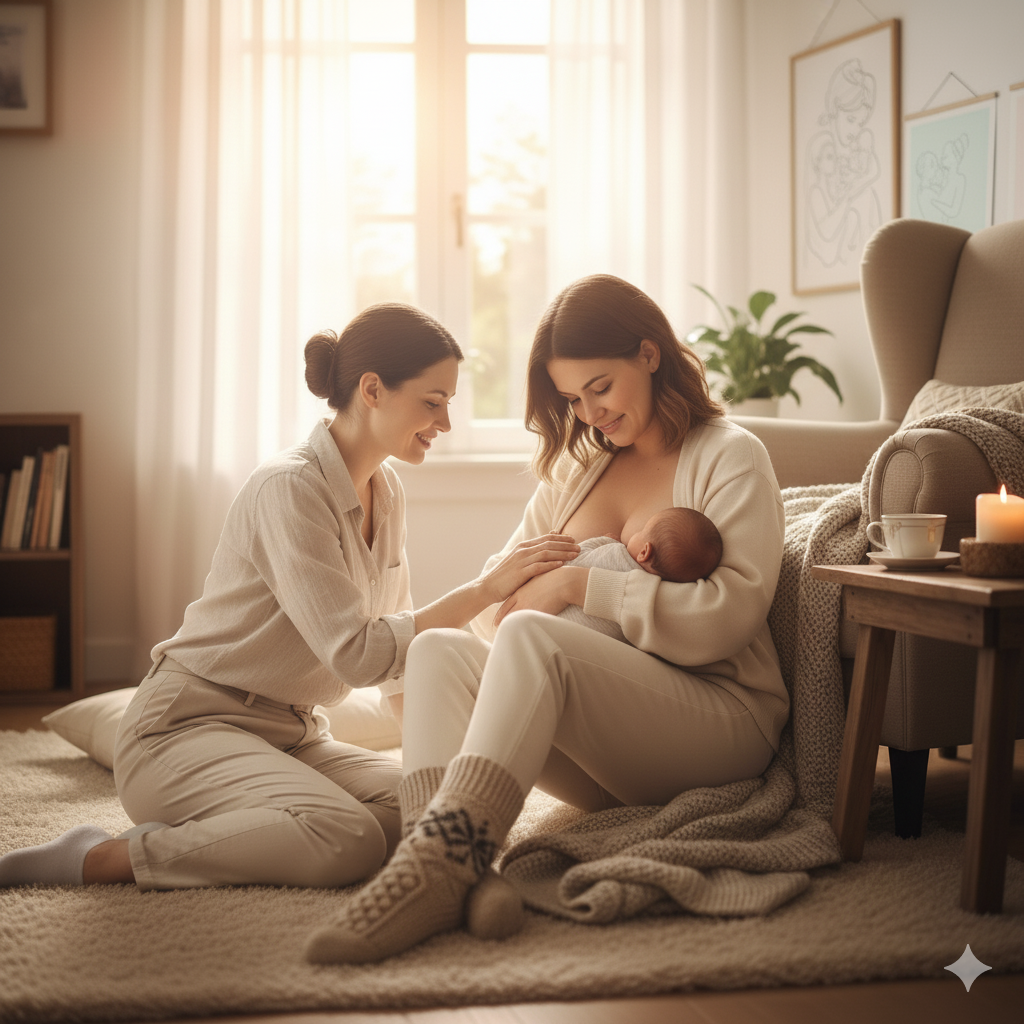Mutter massiert Baby auf einem Teppich im Wohnzimmer, individuelle Babymassage Anleitung von Nest-Gefühl.