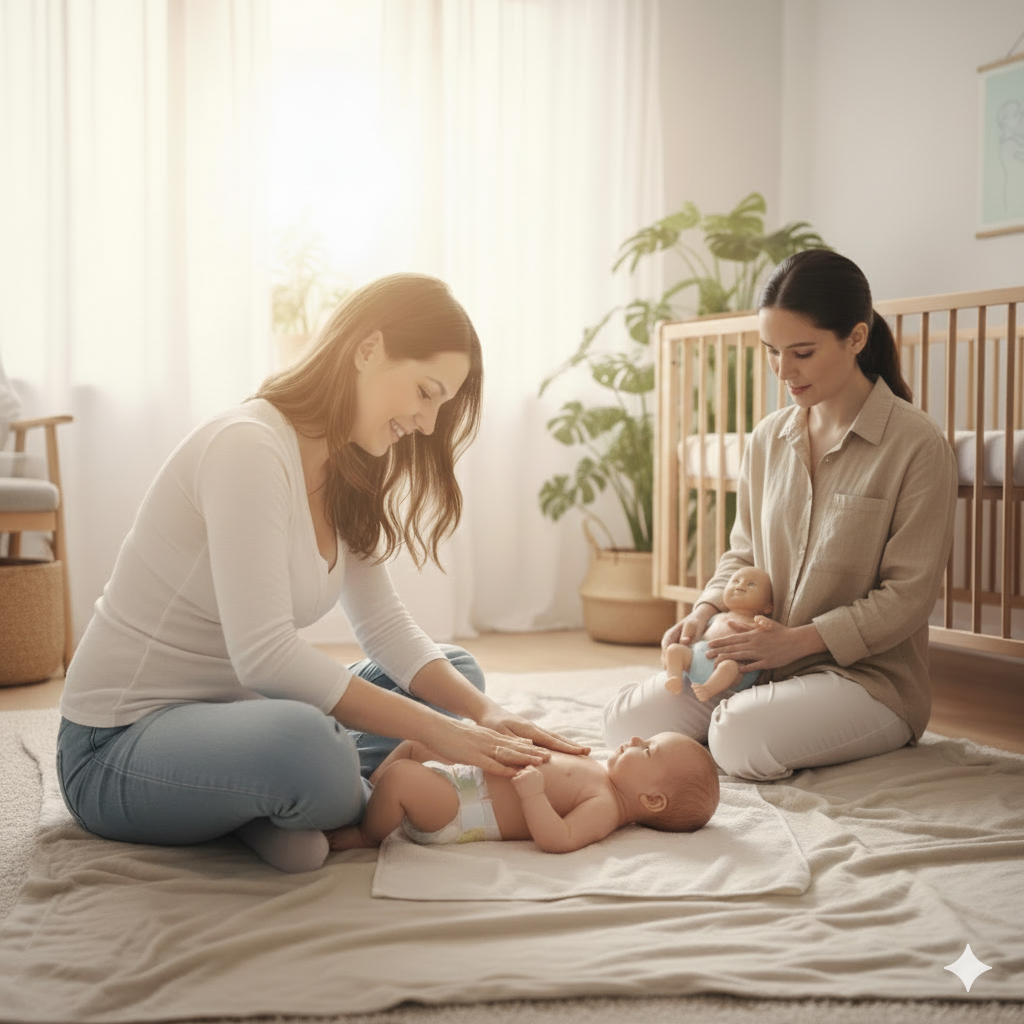 Mutter massiert sanft ihr Baby auf einer Decke, individuelle Babymassage von Nest-Gefühl.